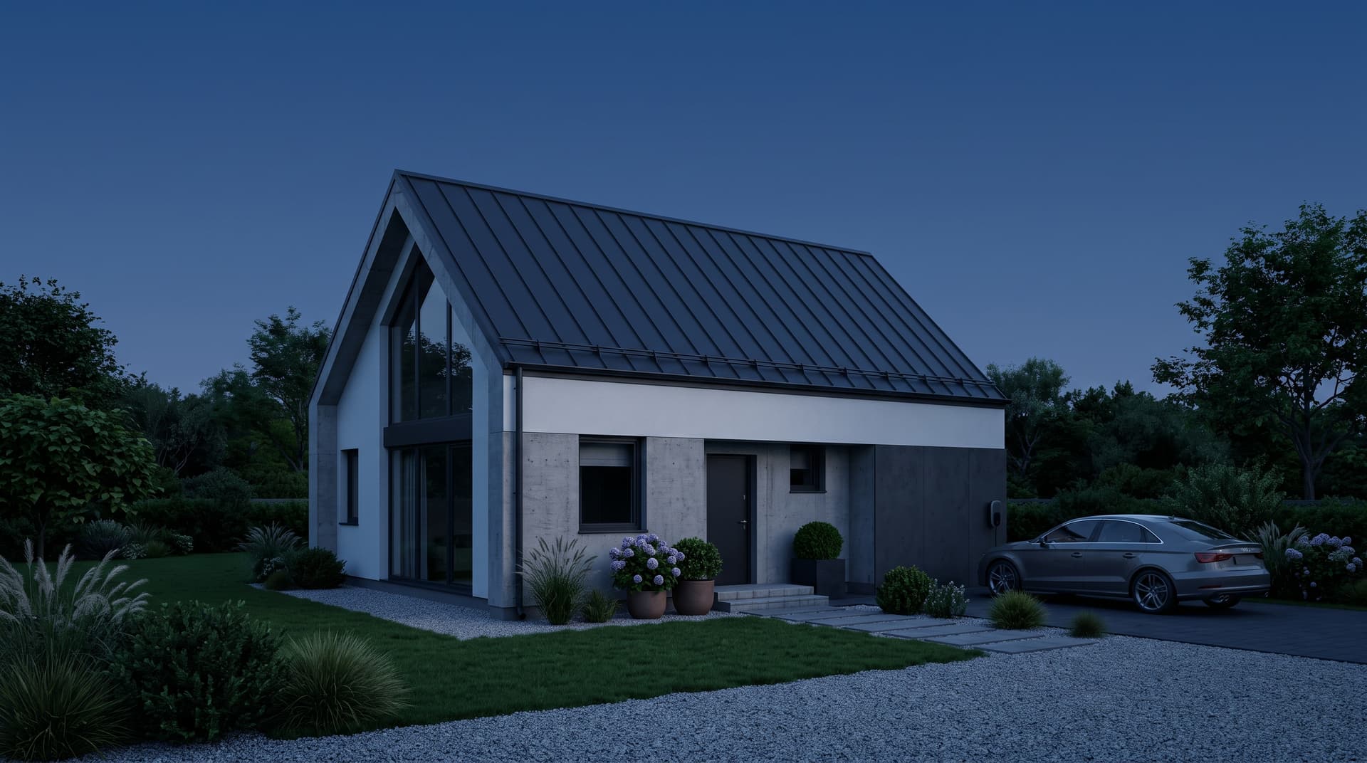 Smart home with rooftop solar, energy storage and EV charging at dusk