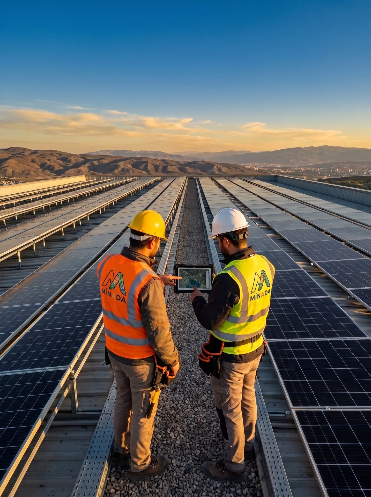 Two engineers in MİNADA vests surveying a rooftop solar plant with a tablet