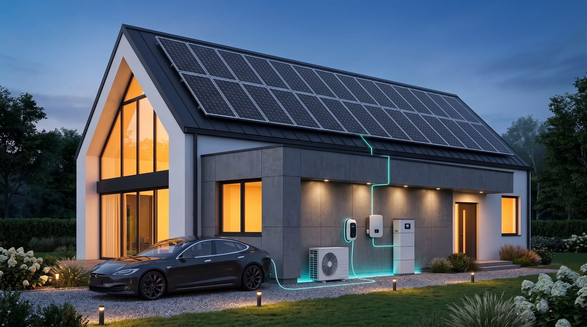 A modern home in daylight with rooftop solar panels, a wall battery and an EV on charge