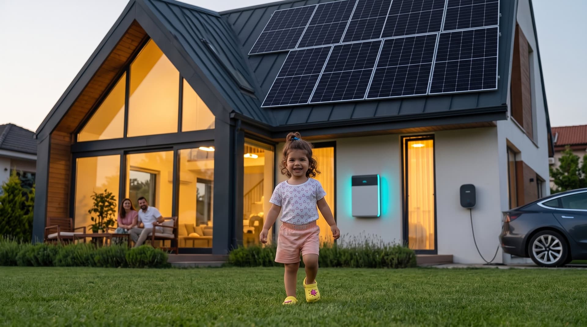 A child running in the garden at dusk; the house behind has rooftop solar panels, a home battery and a wallbox, with an electric car charging in the driveway